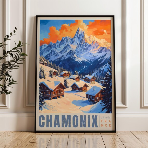 Chamonix France Travel Poster Winter Alps Illustration