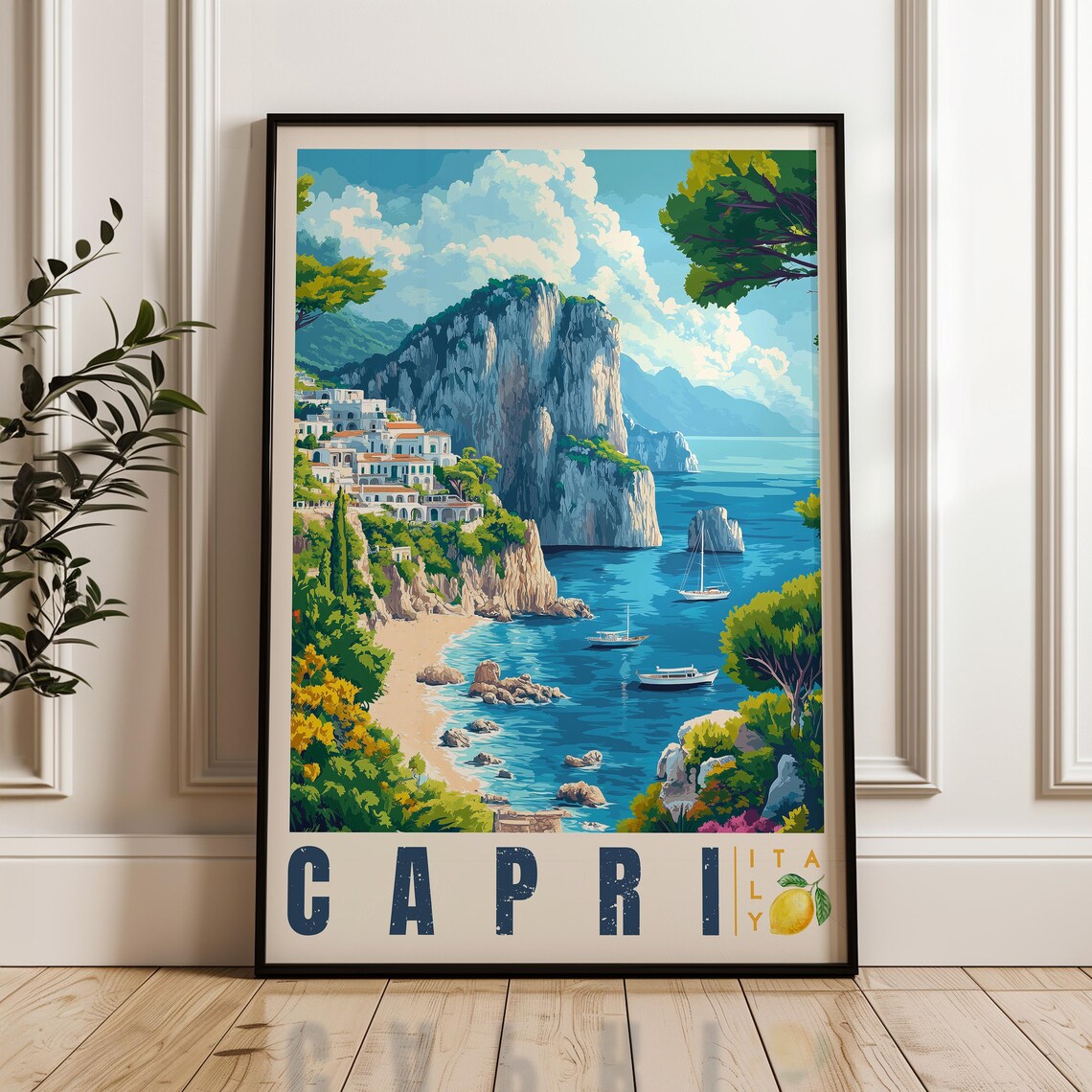 Capri Italy Faraglioni Cliffs Seaside Marina Coast Landscape Poster