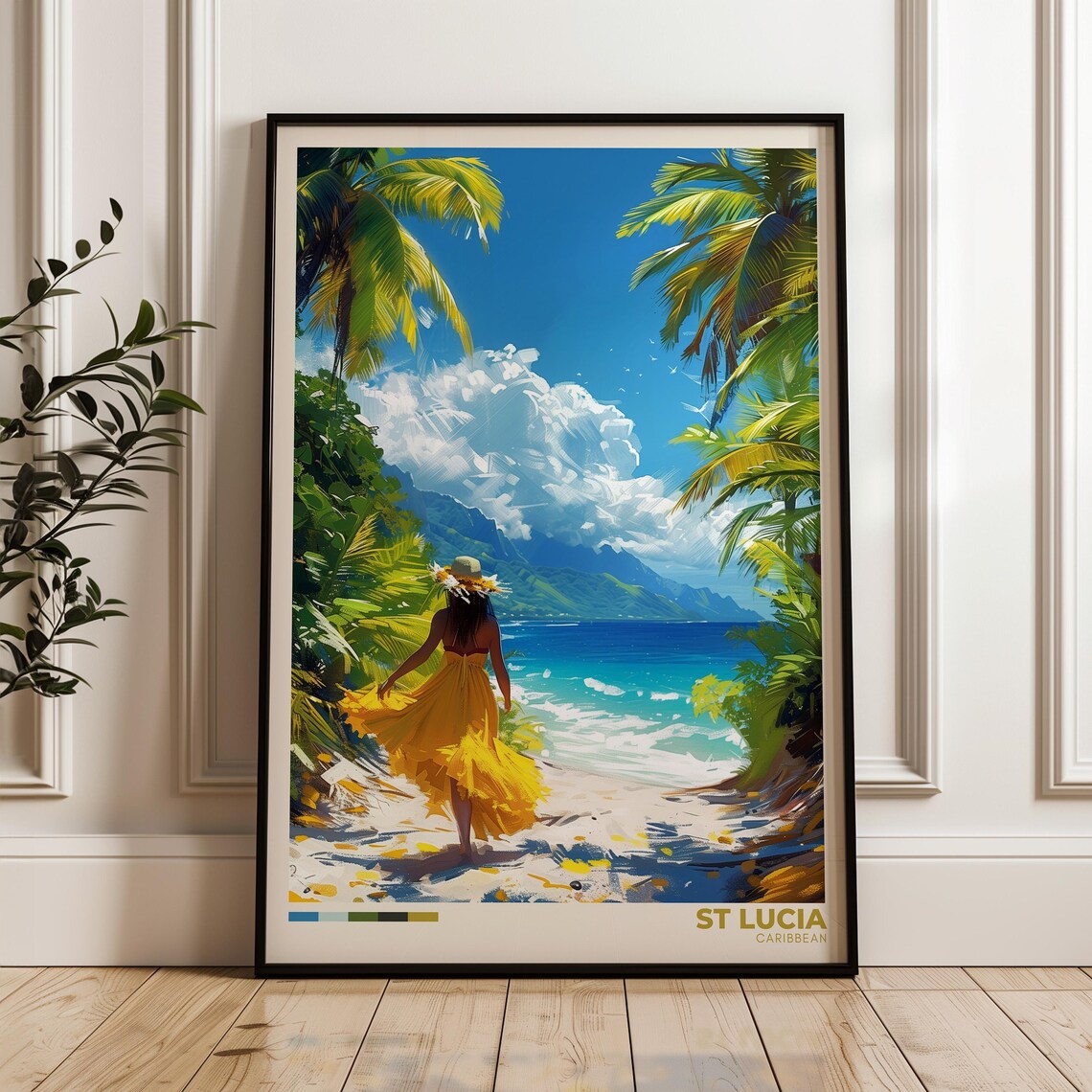 St Lucia Caribbean Beach Woman in Yellow Dress Tropical Poster