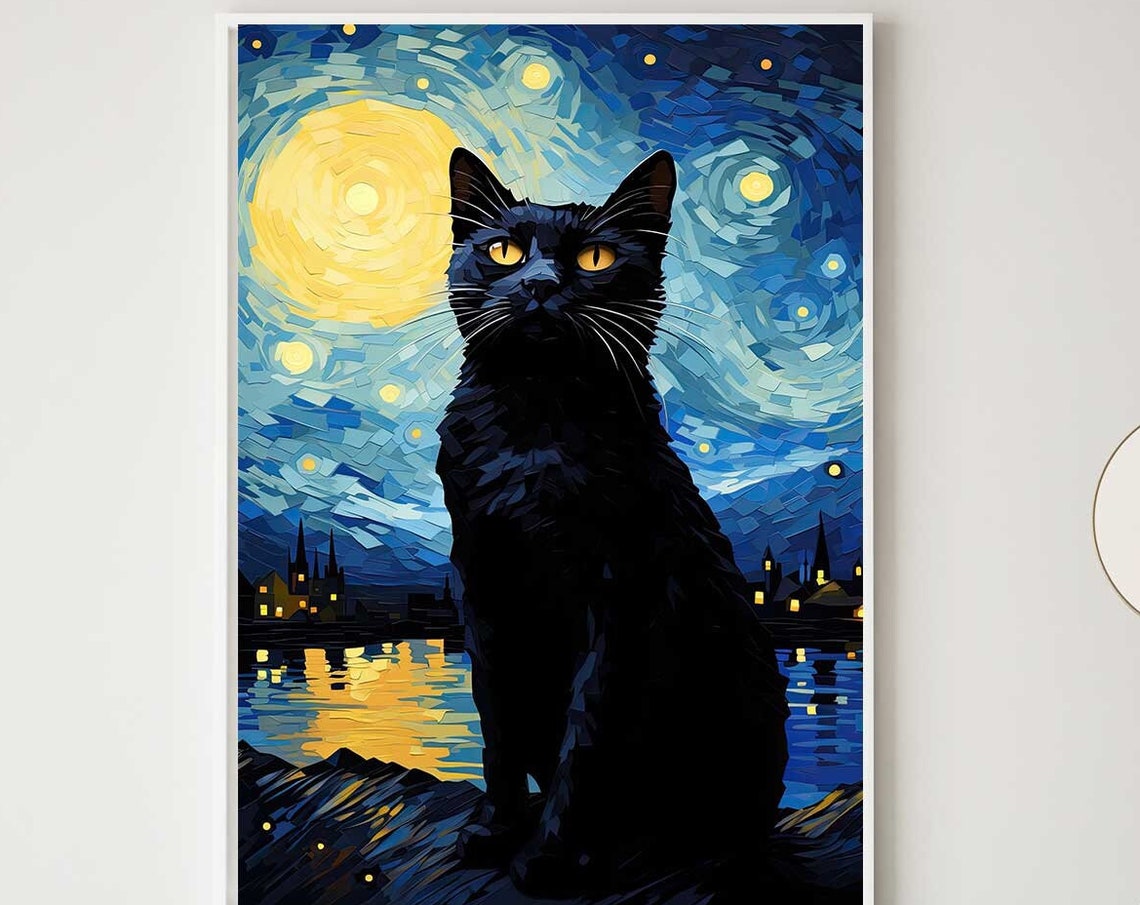 Black Cat Silhouette Under Giant Moon Starry Mosaic Night Poster