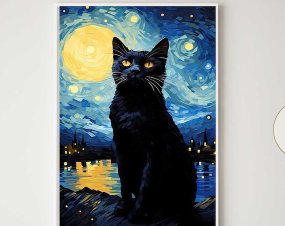 Van Goghs The Starry Night Black Cat Poster Print Beautiful Home Decor Wall Art 109