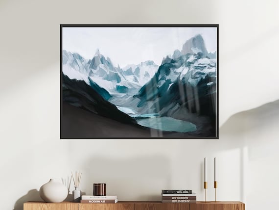 Snowcapped Mountain Peaks Teal Alpine Lake Minimalist Landscape Poster