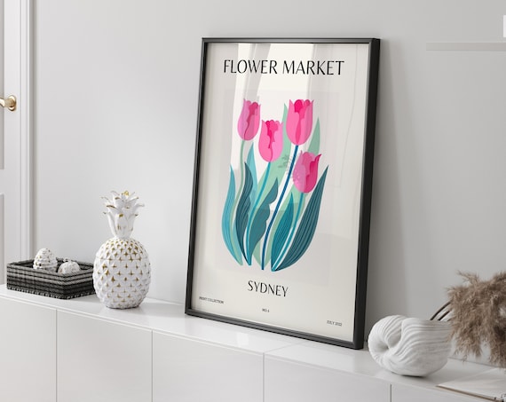 Flower Market Sydney Pink Tulips Botanical Vintage Art Poster