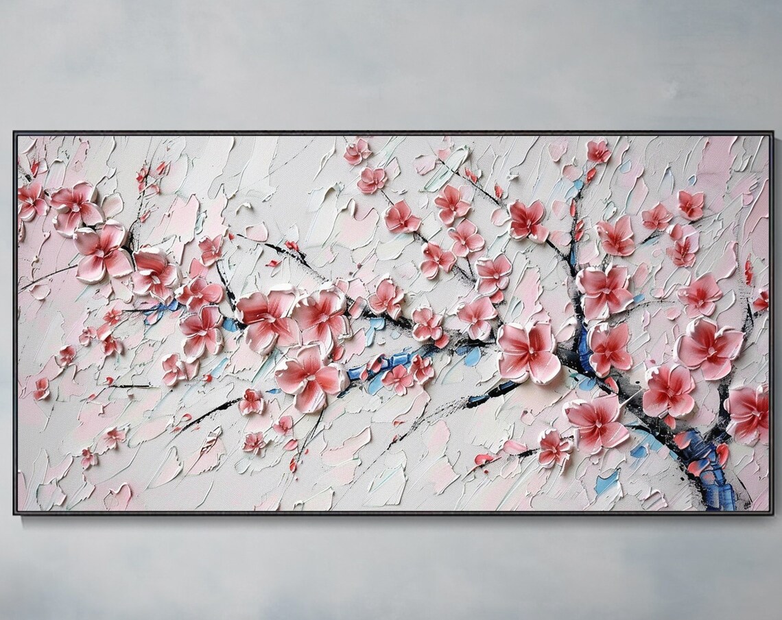 Pink Cherry Blossom Branch White 3D Texture Floral Oil Poster