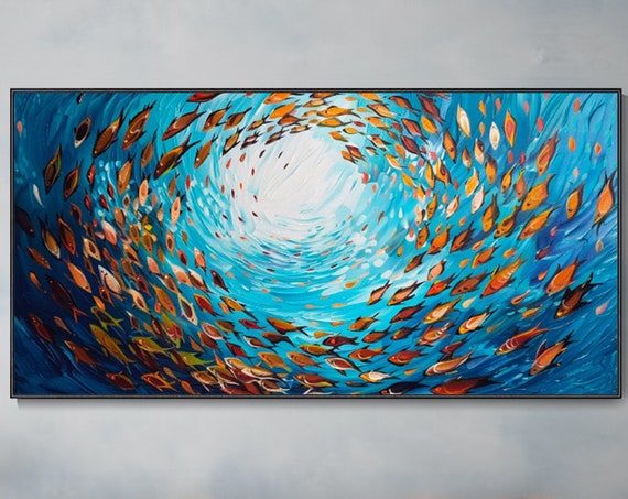 Colorful Fish Blue Ocean Oil Art, Koi Wall Print