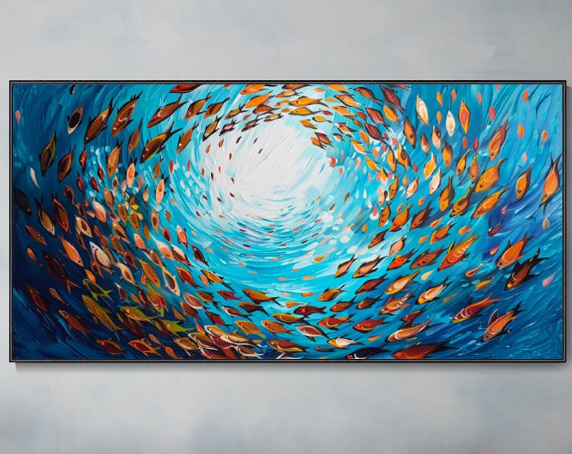 Colorful Fish Blue Ocean Oil Art, Koi Wall Print