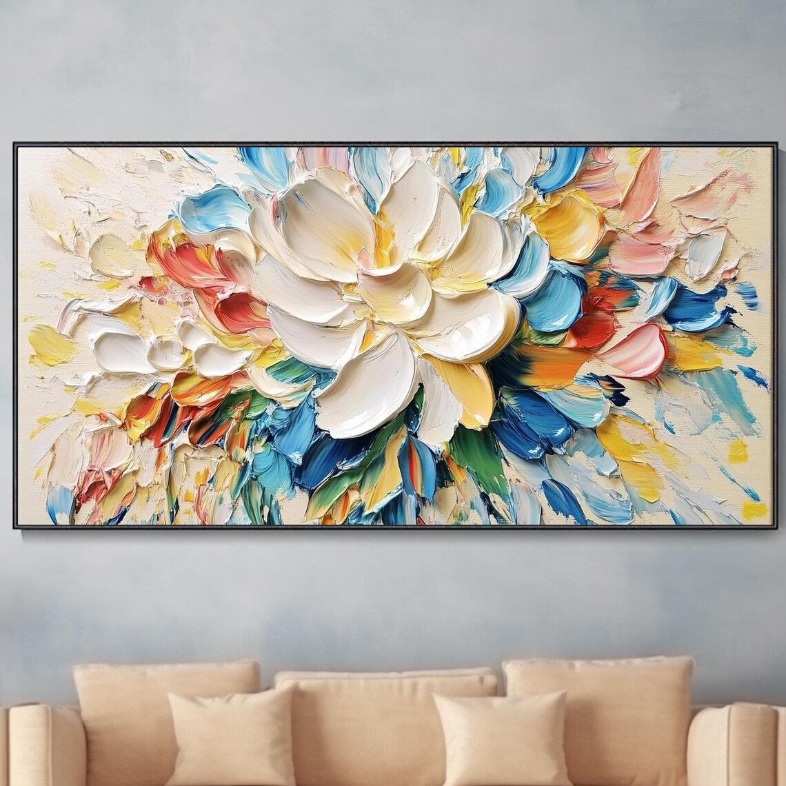 White Peony Abstract Colorful Petals Impasto Oil Painting Poster