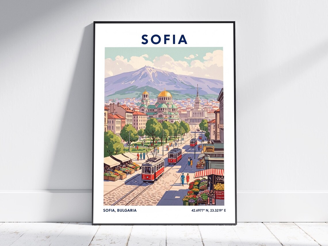 Sofia Bulgaria City Center Trams Mountains Market Travel Poster
