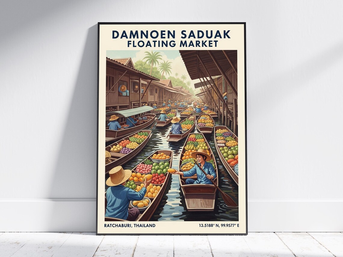 Damnoen Saduak Floating Market Thailand Boats Vintage Travel Poster