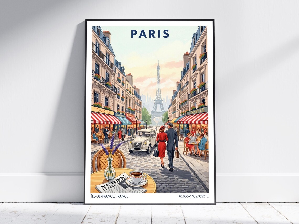 Paris France Eiffel Tower Cafe Street 1950s Vintage Travel Poster