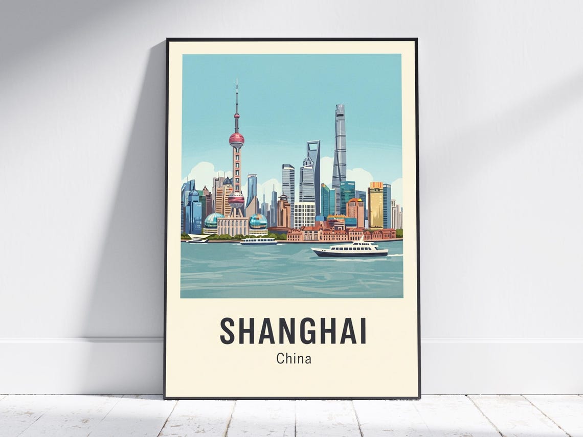 Shanghai China Skyline Oriental Pearl Tower Bund Travel Poster
