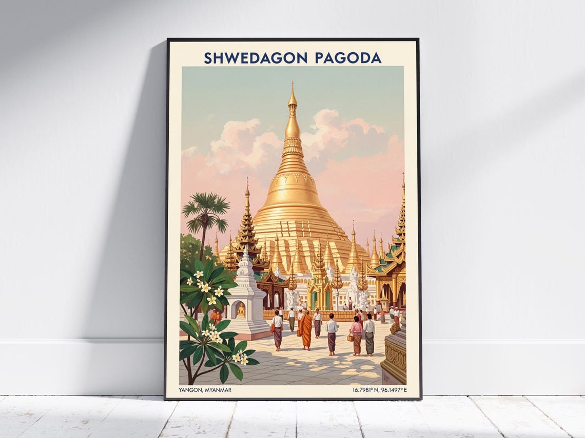Shwedagon Pagoda Yangon Myanmar Vintage Travel Poster Golden Stupa Art