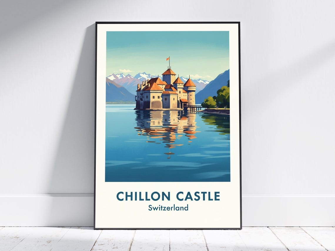 Chillon Castle Switzerland Lake Geneva Reflection Vintage Poster