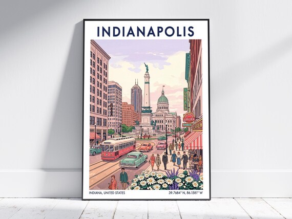 Indianapolis Indiana Monument Circle Trolley Vintage Street Poster