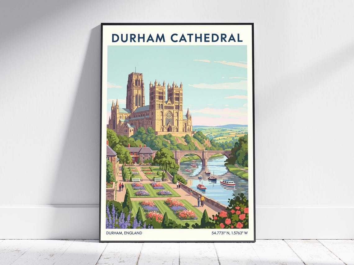 Durham Cathedral England River Gardens Vintage Travel Poster
