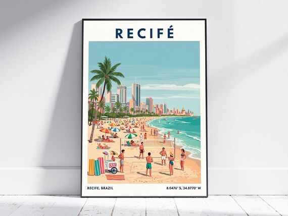 Recife Brazil Beach Scene Volleyball Palm Trees Vintage Travel Poster
