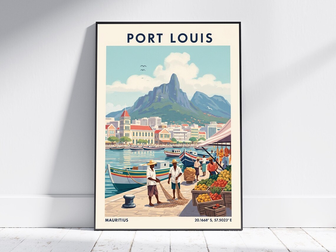 Port Louis Mauritius Island Harbor Fishermen Vintage Travel Poster