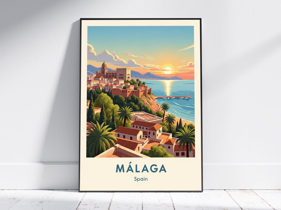 Malaga Spain Sunset Harbor Alcazaba Fortress Palm Travel Poster