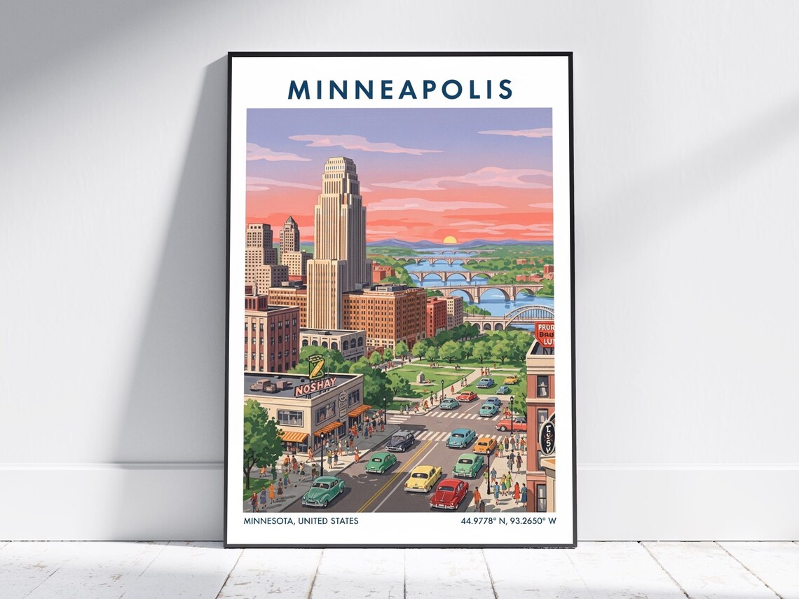 Minneapolis Minnesota Vintage Sunset City Skyline Travel Poster