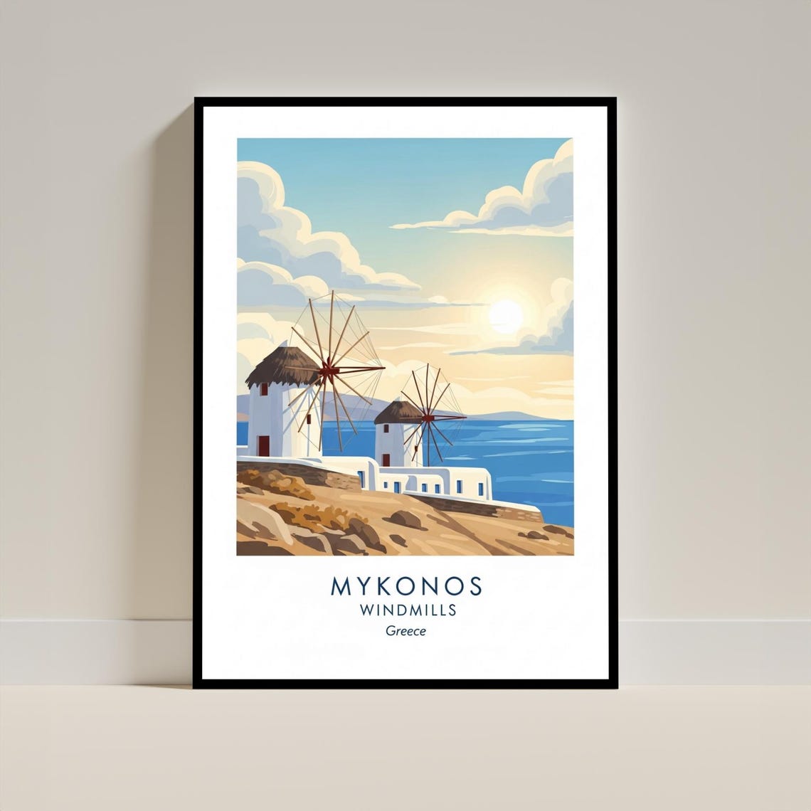 Mykonos Windmills Greece Sunset Seaside Vintage Travel Art Poster
