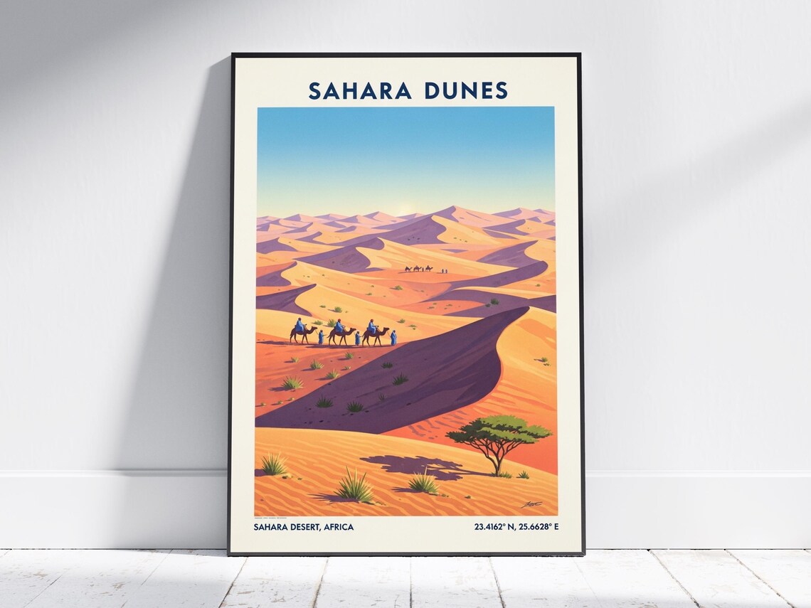 Sahara Dunes Vintage Retro Desert Travel Art Camel Caravan Scene Print