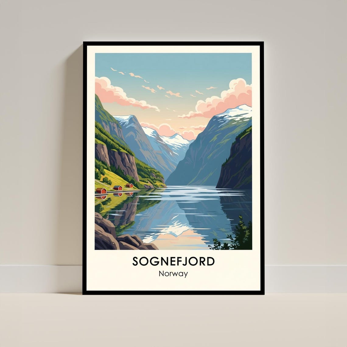 Sognefjord Norway Fjord Mountains Red Cabins Reflection Travel Poster