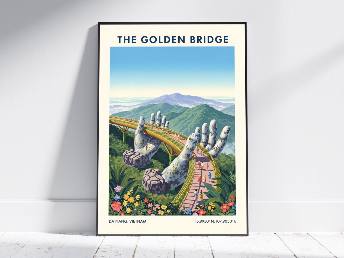 The Golden Bridge Da Nang Vietnam Giant Stone Hands Vintage Poster