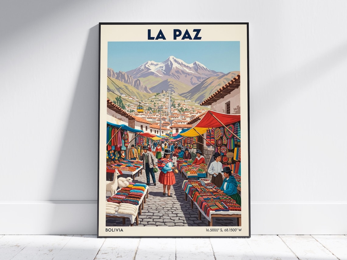 La Paz Bolivia Vintage Andes Market Street Snow Peak Travel Poster