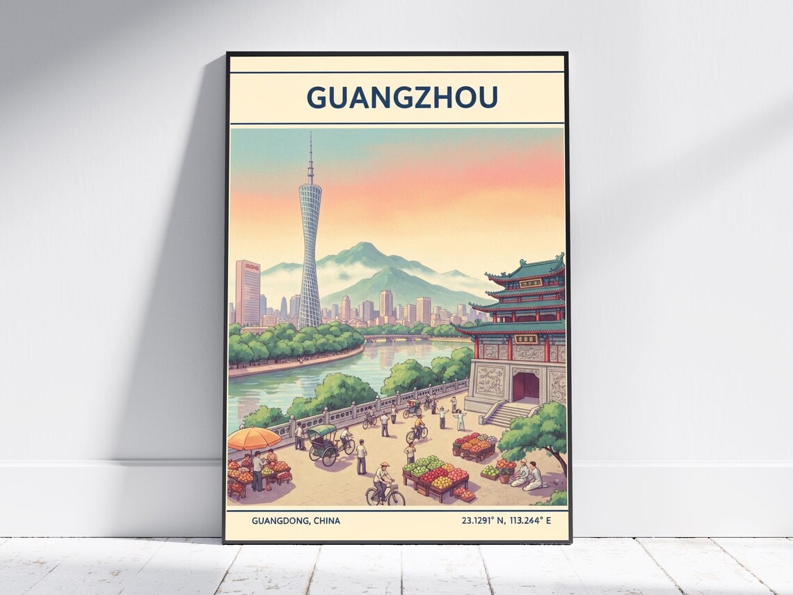 Guangzhou China Canton Tower Riverside Market Vintage Travel Poster