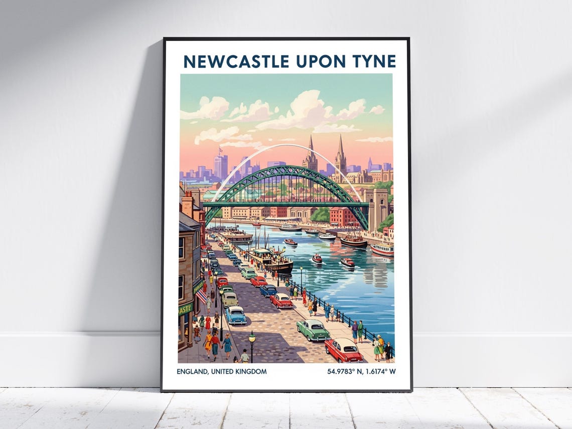 Newcastle Upon Tyne Vintage Travel Poster River Bridge Retro Art