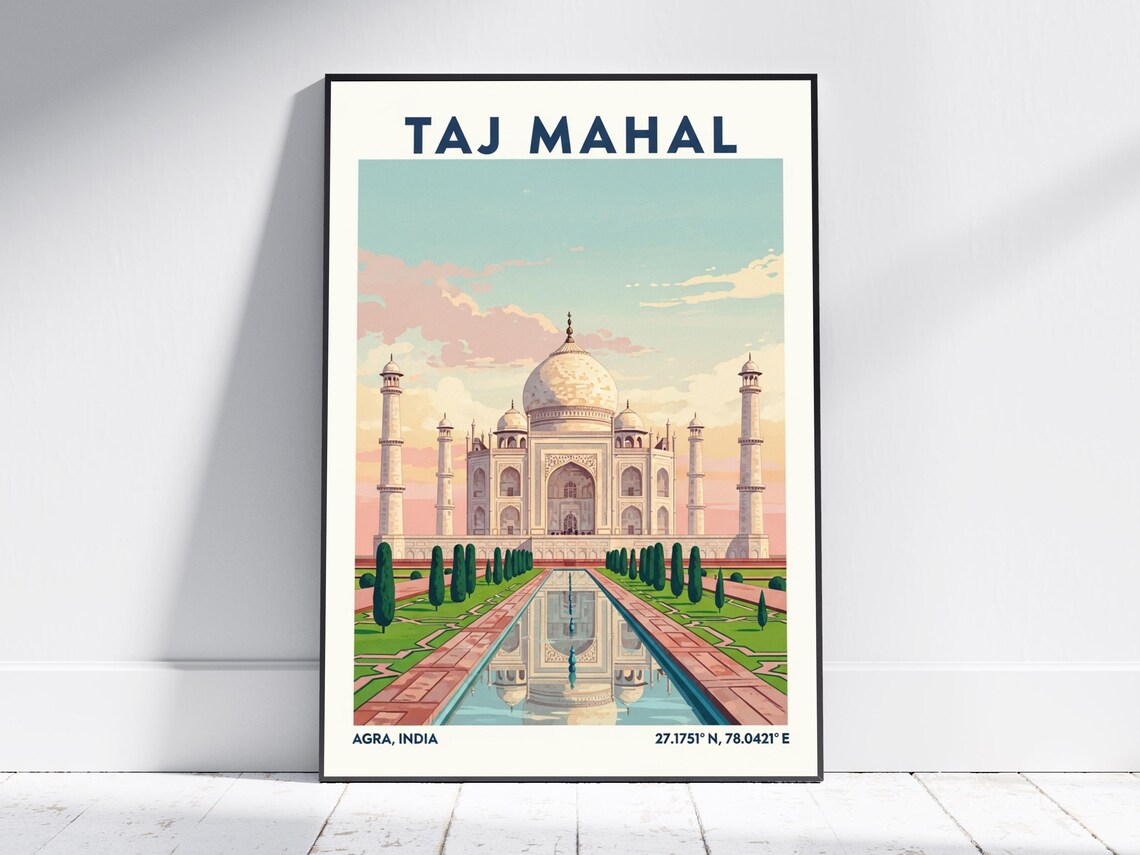 Taj Mahal Agra India Marble Dome Reflecting Pool Vintage Travel Poster