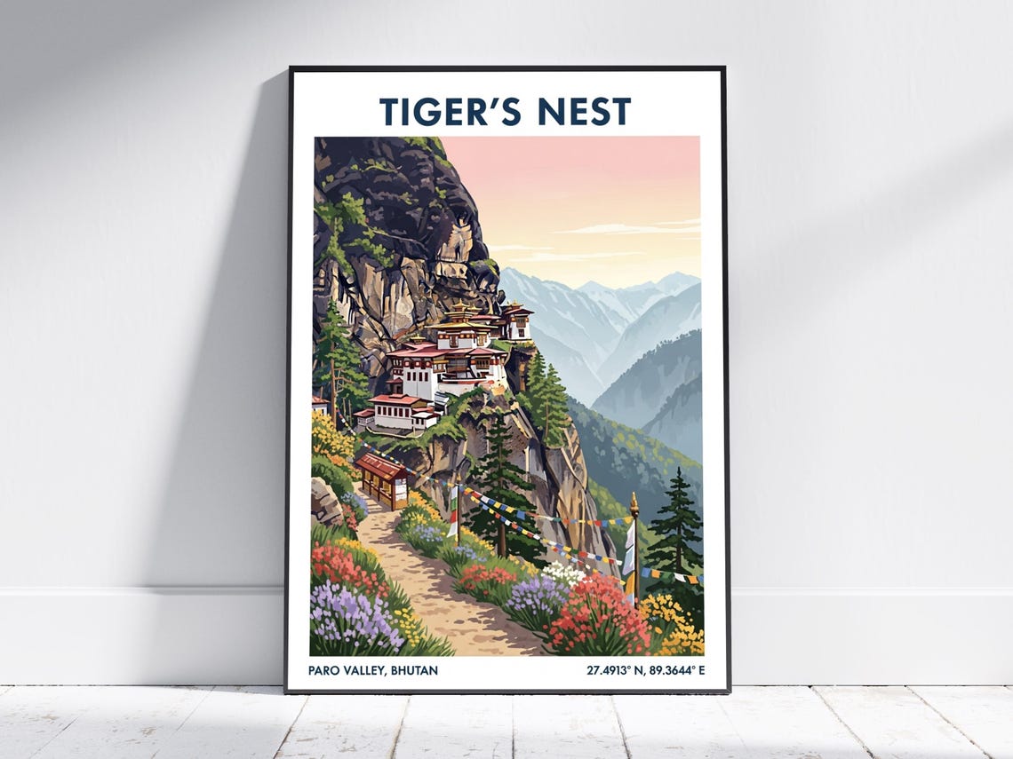Tigers Nest Monastery Paro Valley Bhutan Cliff Vintage Travel Poster