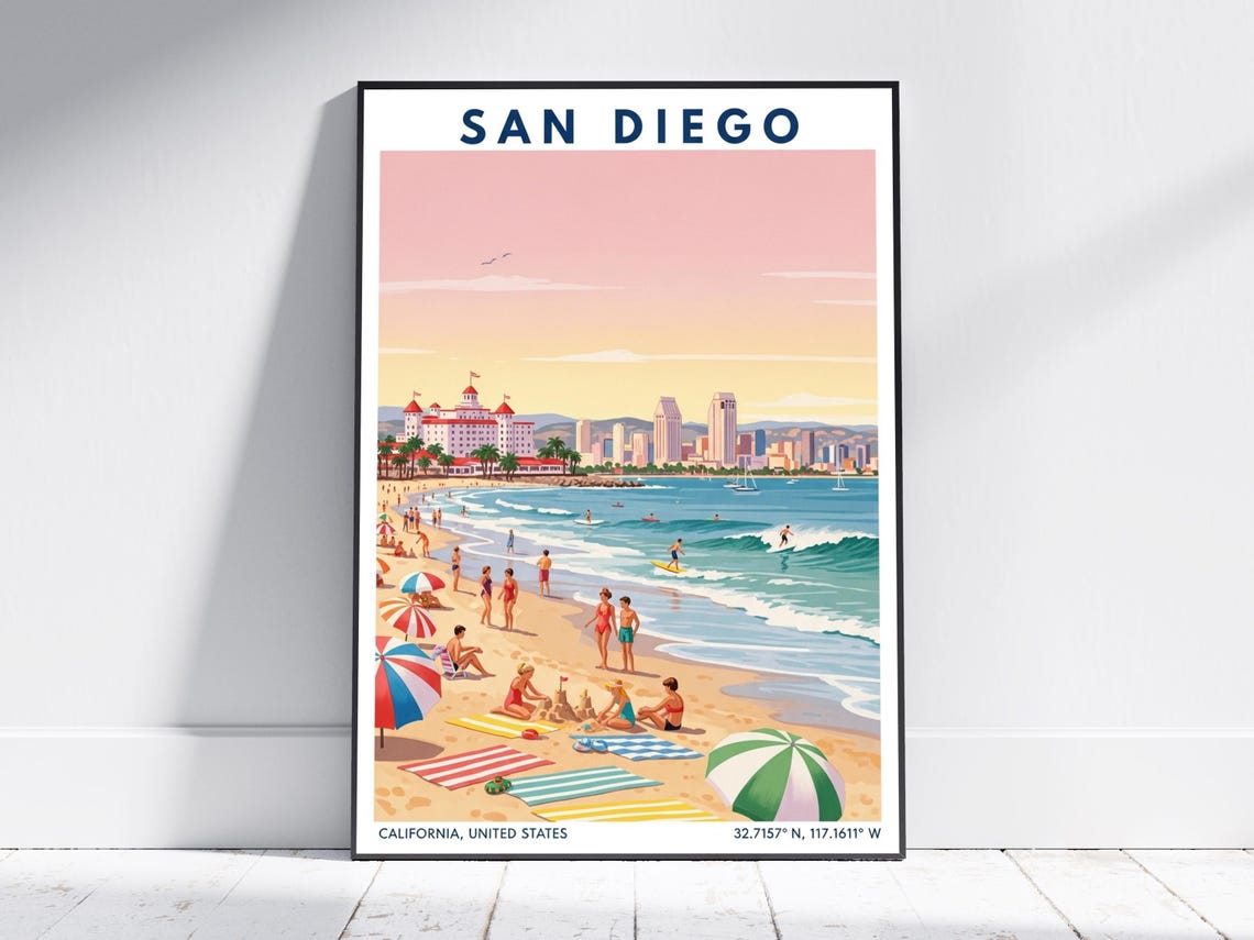 San Diego Vintage Beach Travel Retro Surf California Scene Poster