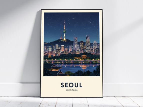 Seoul Skyline At Night Poster Navy And Teal Art South Korea Urban Landscape Wall Vintage Travel Decor For Living Room