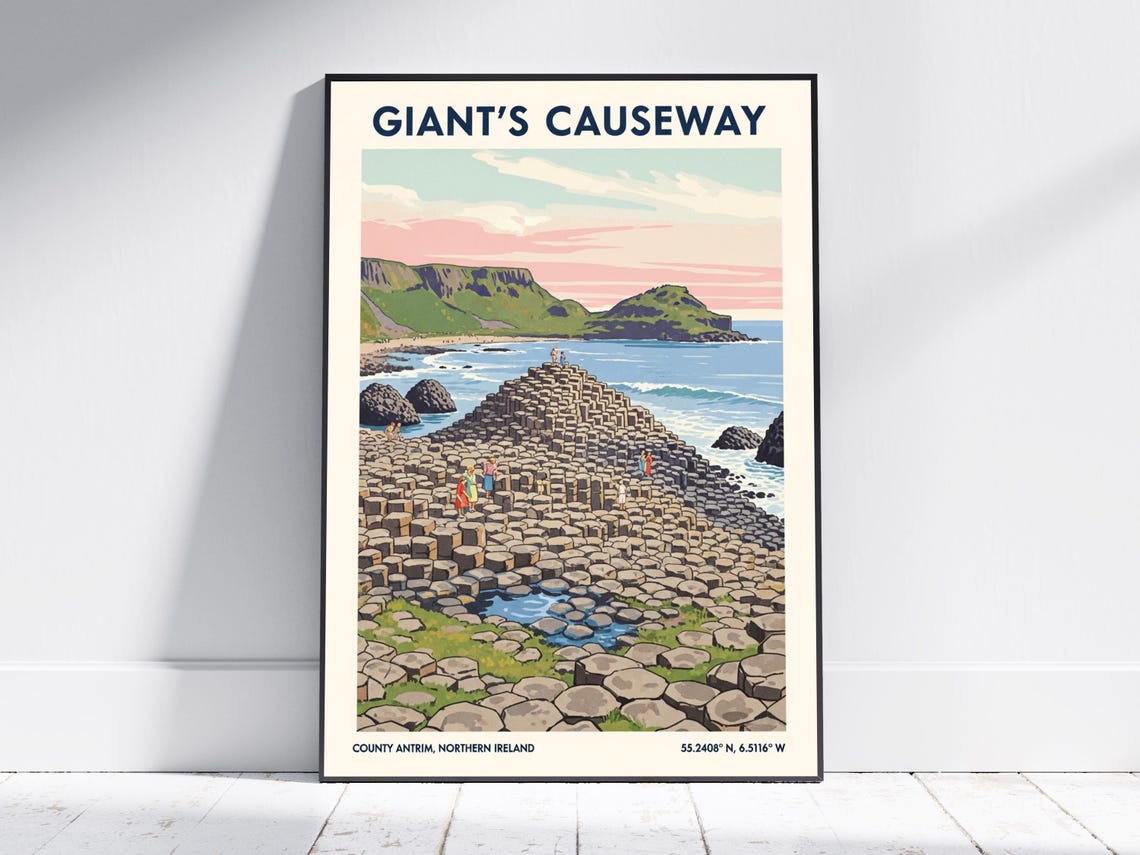 Giants Causeway Basalt Columns Coastal Wonder Travel Retro Poster