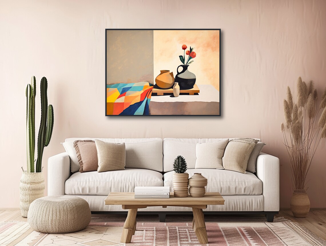 Adobe Still Life Painting Clay Pots Patchwork Cloth Flowers Wall Poster - Image 3