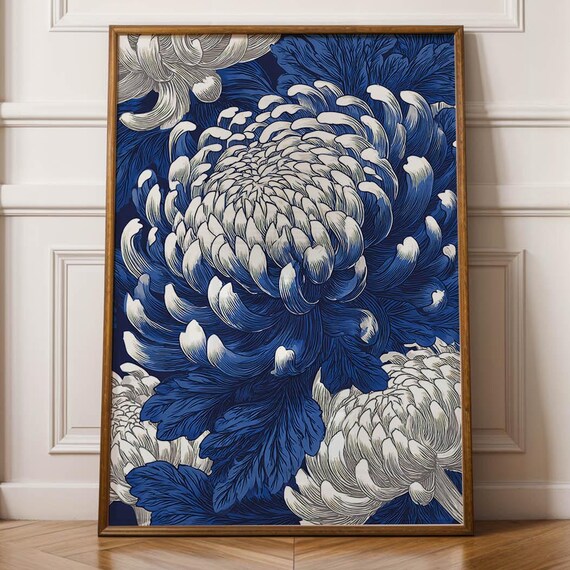Navy Blue Botanical Wall Art Minimal Home Decor Chrysanthemum Print