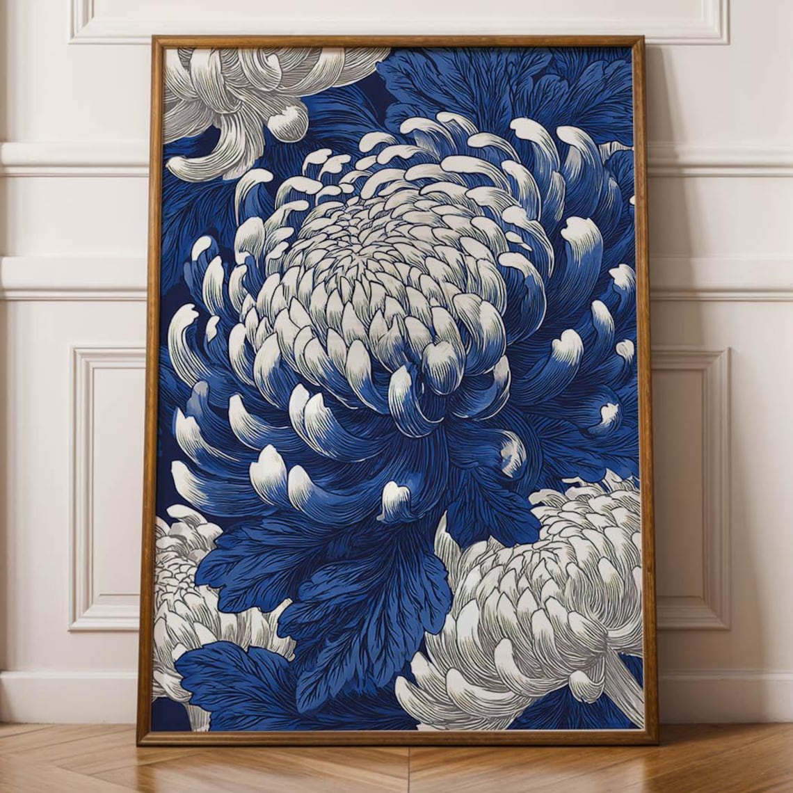 Navy Blue White Chrysanthemum Japanese Botanical Flower Poster