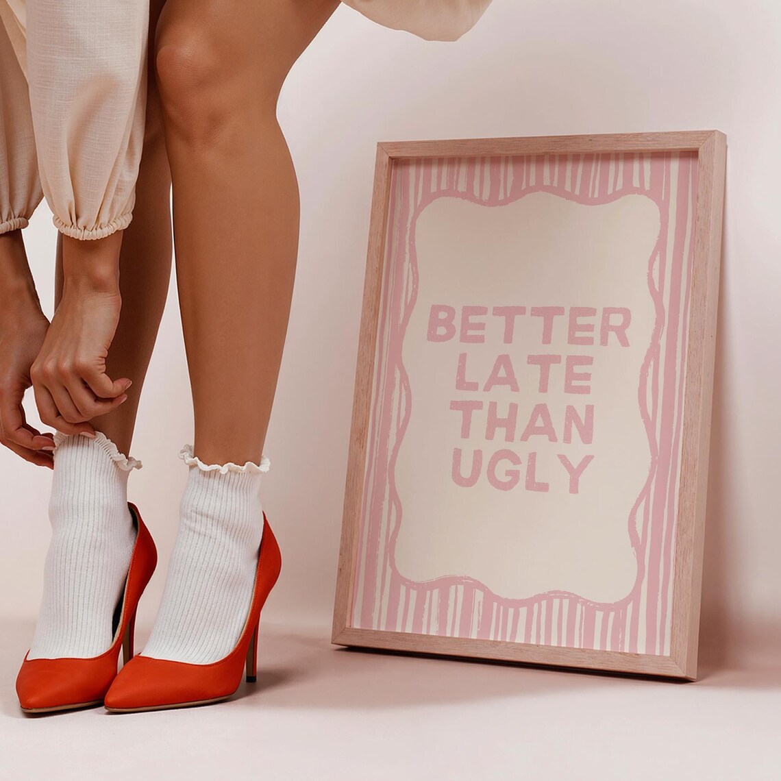 Better Late Than Ugly Funny Pink Striped Quote Girly Wall Poster