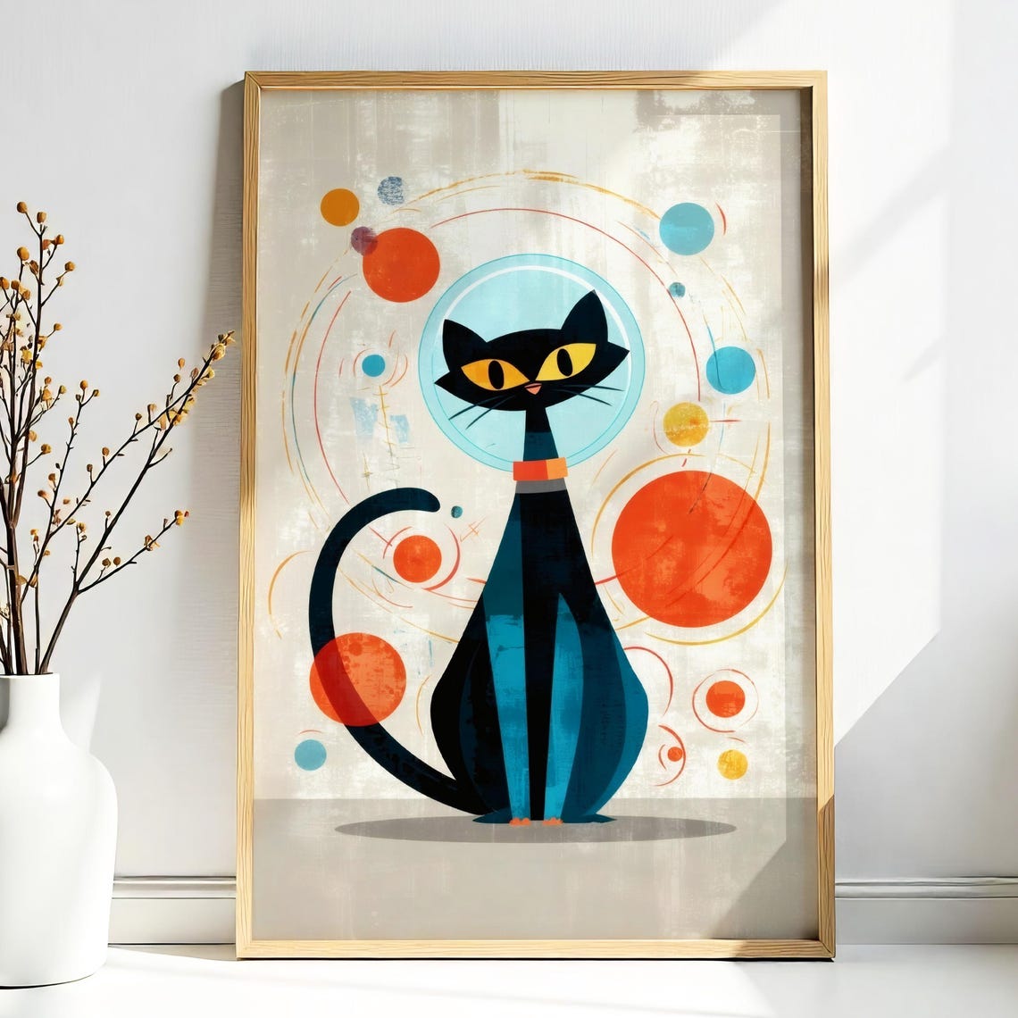 Black Cat Astronaut Orange Planet Retro Space Age Cosmic Print