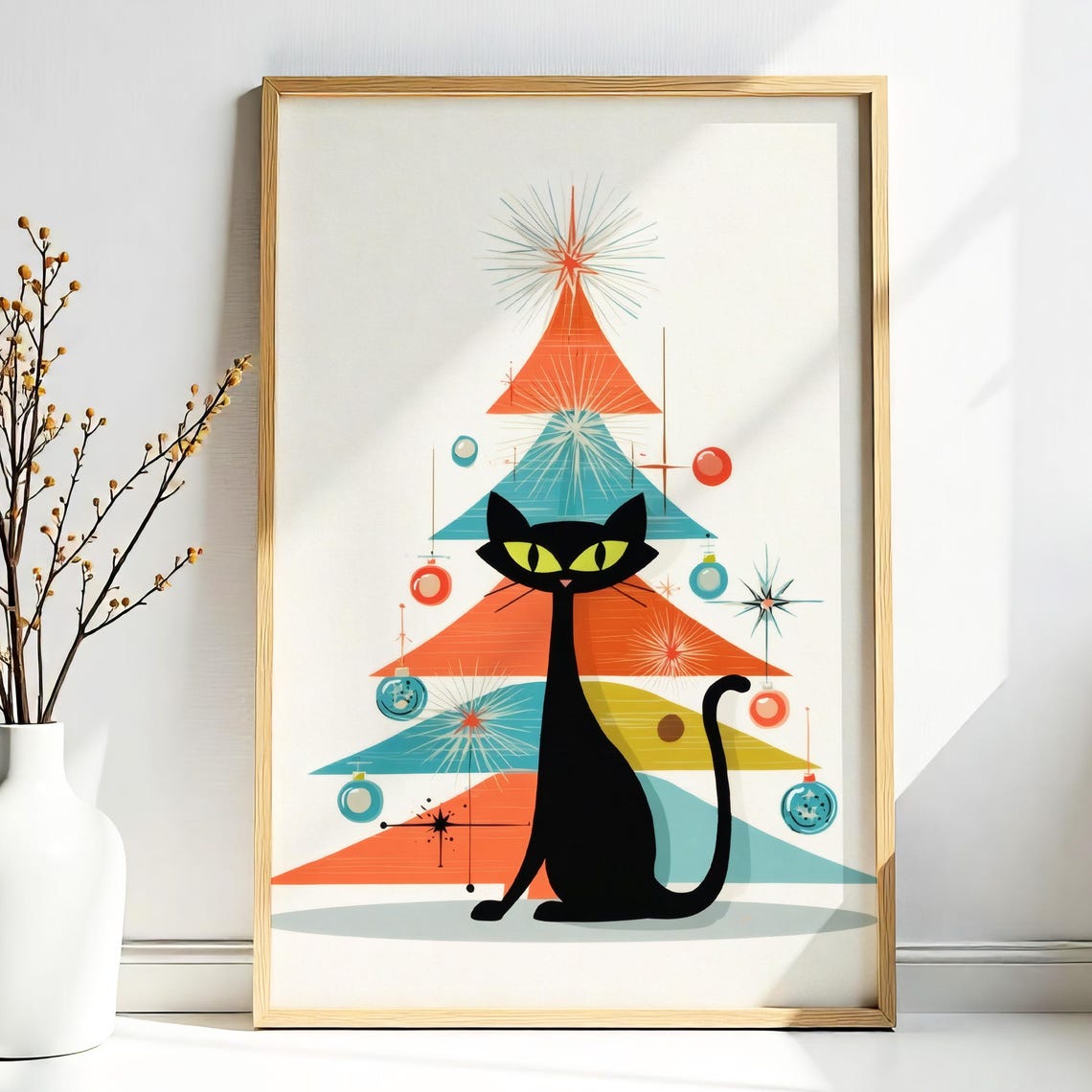 Black Cat With Retro Atomic Christmas Tree Midcentury Holiday Poster