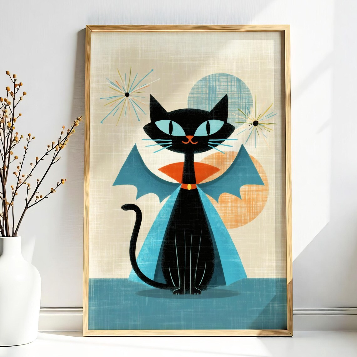Halloween Black Cat Vampire With Bat Wings Retro Atomic Mid Century Poster