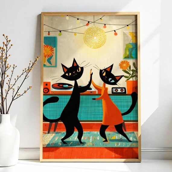 Two Dancing Cats Retro Party String Lights Record Player Print