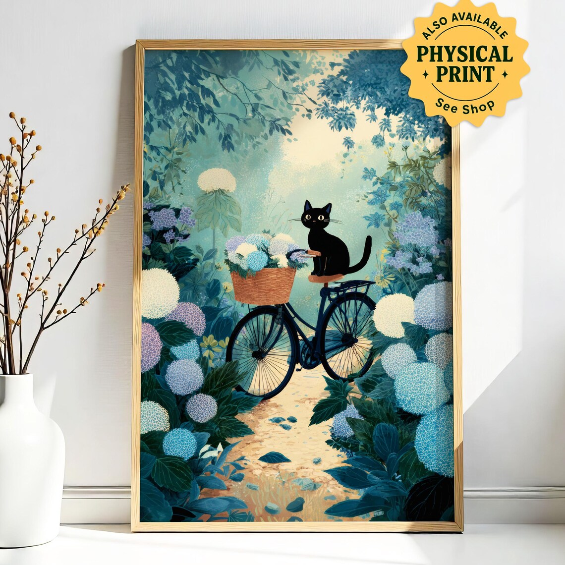Black Cat Riding Bicycle With Hydrangea Basket Garden Poster