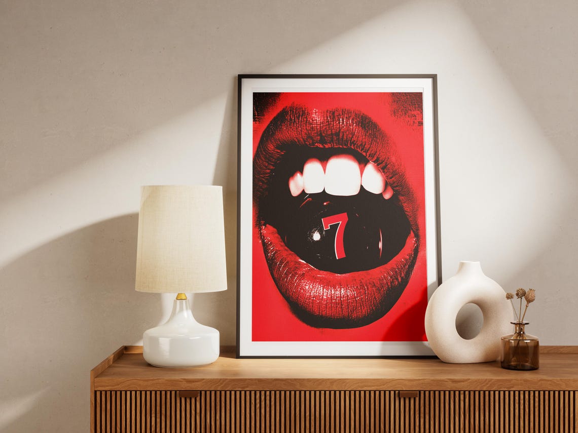 Red Lips With Lucky 7 Billiard Ball 80s Retro Pop Art Poster - Image 4