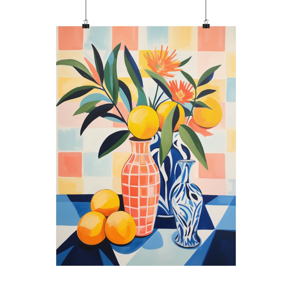 Lemon and Floral Still Life Checkered Colorful Kitchen Art Print - Image 2