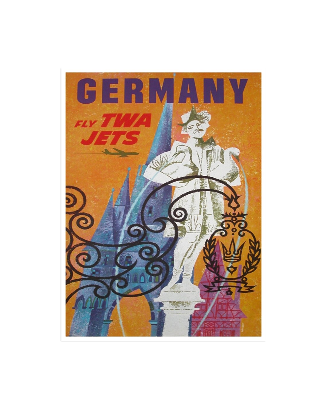 Germany Fly TWA Jets Vintage Medieval Fountain Statue Travel Poster