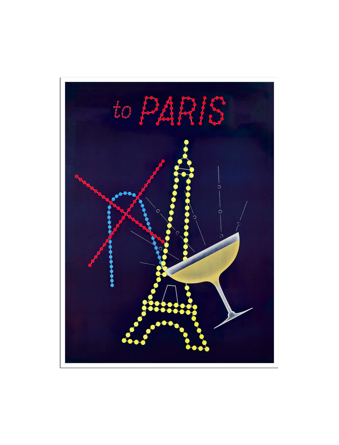 Paris Eiffel Tower Night Lights Champagne Glass Vintage Travel Poster