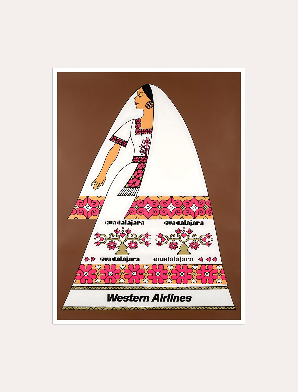 Guadalajara Western Airlines Embroidered Folk Dress Travel Poster