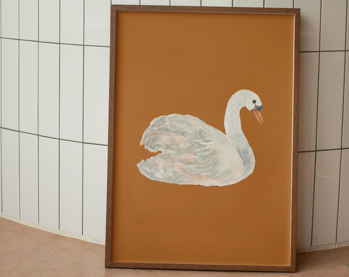 White Swan on Burnt Orange Watercolor Minimalist Bird Poster